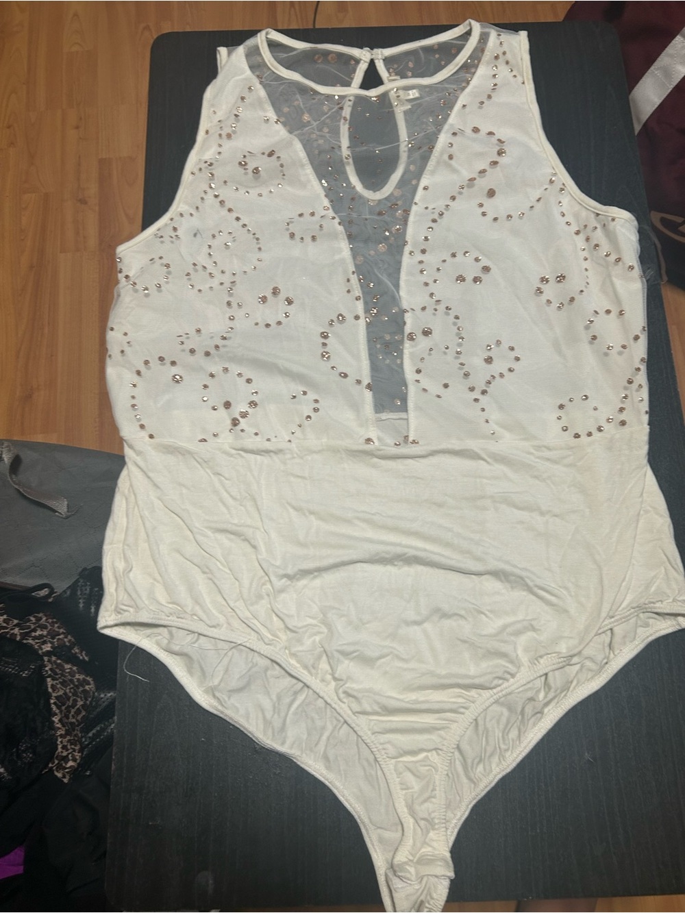 Embellished White Sleeveless Bodysuit with Mesh Keyhole